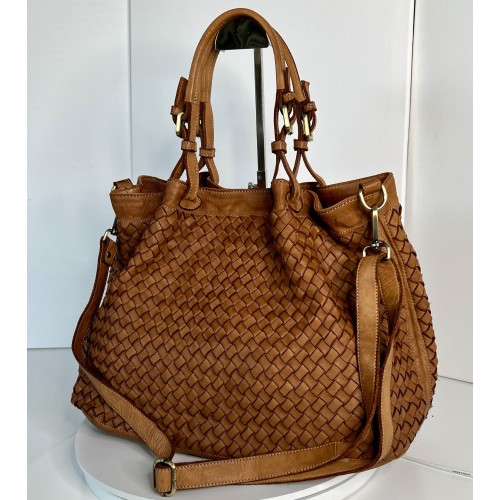 Elow Stylish Cognac Woven Leather Tote Bag