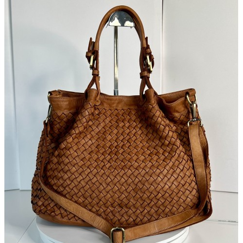Elow Stylish Cognac Woven Leather Tote Bag
