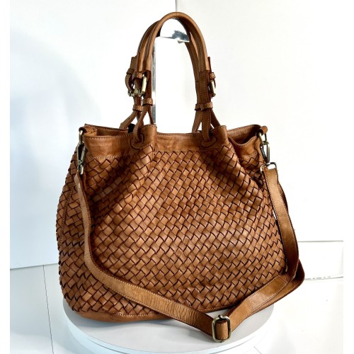 Elow Stylish Cognac Woven Leather Tote Bag