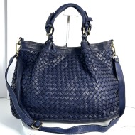 Elow Navy Blue Woven Leather Tote Bag