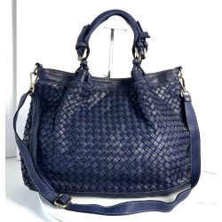 Elow Navy Blue Woven Leather Tote Bag