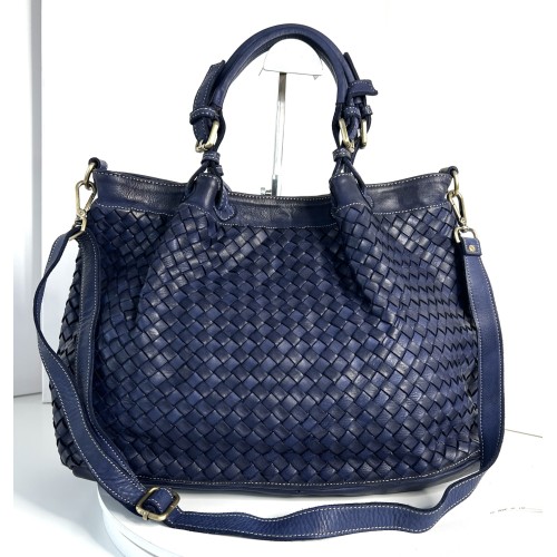 Elow Navy Blue Woven Leather Tote Bag