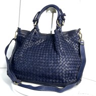 Elow Navy Blue Woven Leather Tote Bag