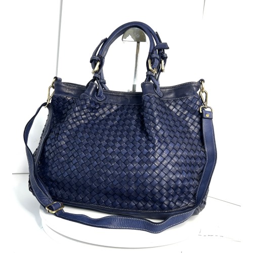 Elow Navy Blue Woven Leather Tote Bag