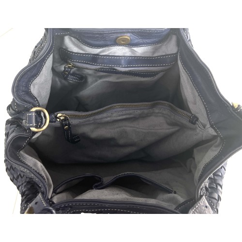 Elow Navy Blue Woven Leather Tote Bag