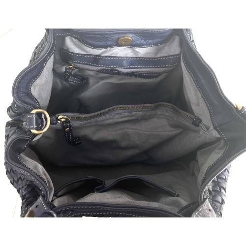 Elow Marineblaue Flechtleder Tote Tasche - Handgefertigte Ledertasche aus Italien: Details und Trageansichten