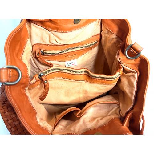 Elow Orange Flechtleder Tote Tasche - Handgefertigte Ledertasche aus Italien: Details und Trageansichten