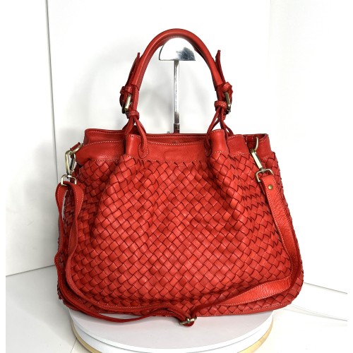 Elow Red Woven Leather Tote Bag