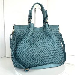 Elow Turquoise Woven Leather Tote Bag