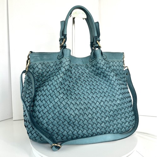 Elow Turquoise Woven Leather Tote Bag