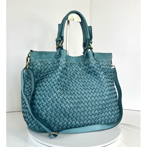Elow Turquoise Woven Leather Tote Bag
