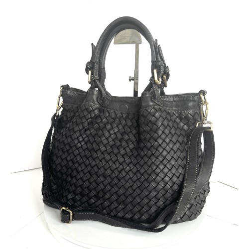 Elow Black Woven Leather Tote Bag