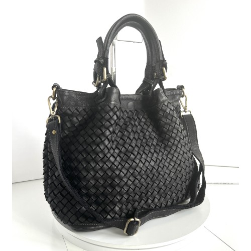 Elow Black Woven Leather Tote Bag