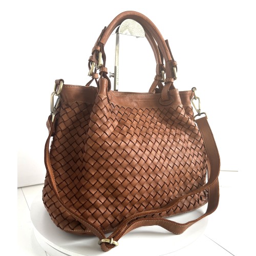 Elow Stylish Cognac Woven Leather Tote Bag