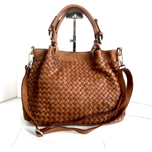 Elow Stylish Cognac Woven Leather Tote Bag