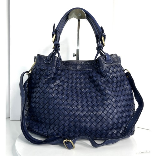 Elow Navy Blue Woven Leather Tote Bag