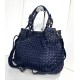 Elow Navy Blue Woven Leather Tote Bag