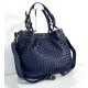 Elow Navy Blue Woven Leather Tote Bag