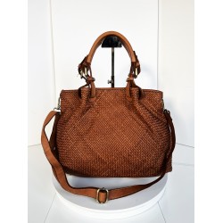 Cognac Woven Leather Handbag Elza