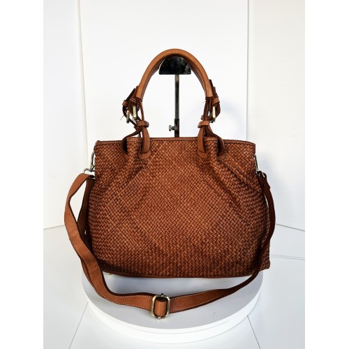 Cognac Woven Leather Handbag Elza