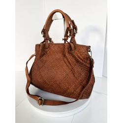 Cognac Woven Leather Handbag Elza