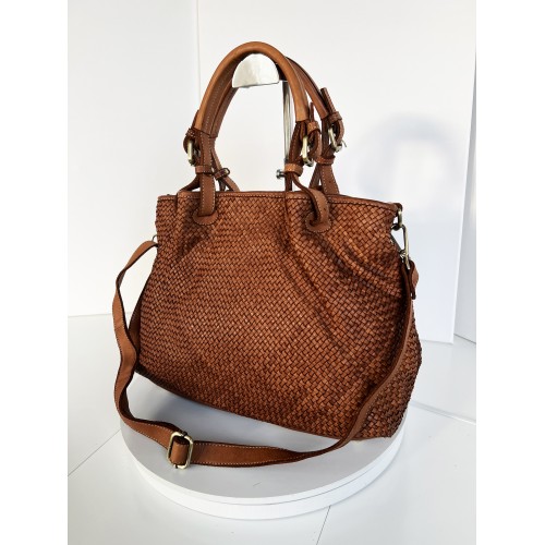 Cognac Woven Leather Handbag Elza