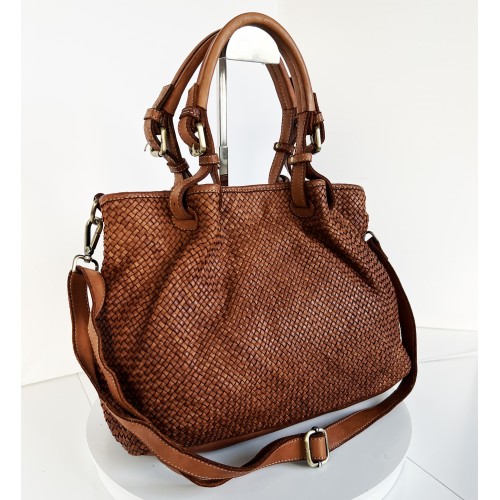 Cognac Woven Leather Handbag Elza