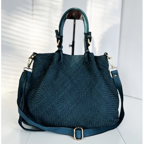 Teal Blue Woven Leather Handbag Elza