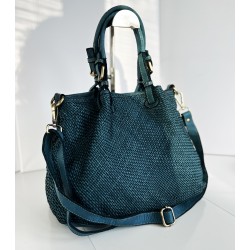 Teal Blue Woven Leather Handbag Elza