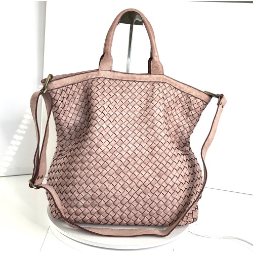 Handcrafted Baby Pink Washed Woven Leather Tote Bag Kaila