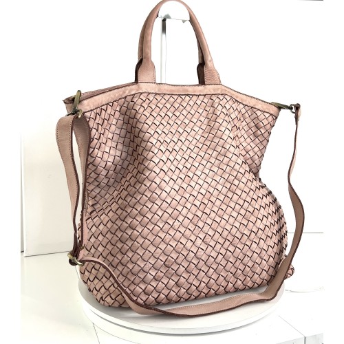 Handcrafted Baby Pink Washed Woven Leather Tote Bag Kaila