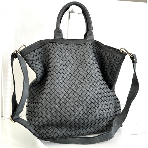 Handcrafted Grey Washed Woven Leather Tote Bag Modern Calm Kaila