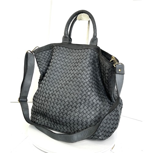 Handcrafted Grey Washed Woven Leather Tote Bag Modern Calm Kaila