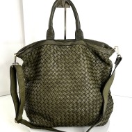 Washed Woven Leather Military Green Leather Tote Kaila