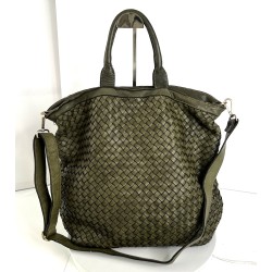 Washed Woven Leather Military Green Leather Tote Kaila
