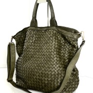 Washed Woven Leather Military Green Leather Tote Kaila