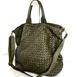 Washed Woven Leather Military Green Leather Tote Kaila