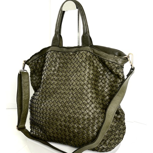 Washed Woven Leather Military Green Leather Tote Kaila