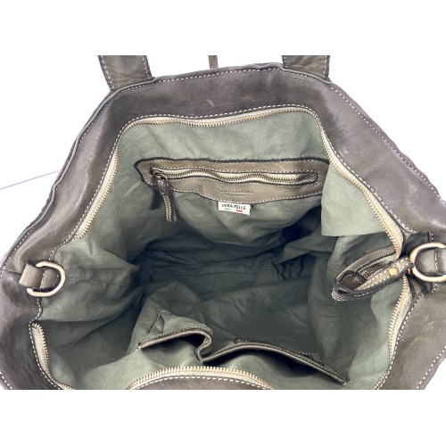 Washed Woven Leather Military Green Leather Tote Kaila