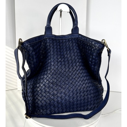 Navy Blue Washed Woven Leather Tote Deep Horizon Kaila Classic Nautical