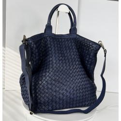Navy Blue Washed Woven Leather Tote Deep Horizon Kaila Classic Nautical