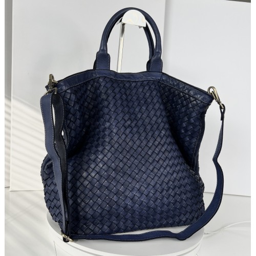 Navy Blue Washed Woven Leather Tote Deep Horizon Kaila Classic Nautical