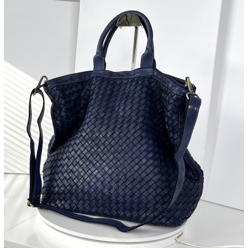 Navy Blue Washed Woven Leather Tote Deep Horizon Kaila Classic Nautical