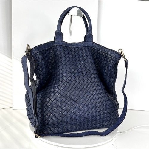 Navy Blue Washed Woven Leather Tote Deep Horizon Kaila Classic Nautical