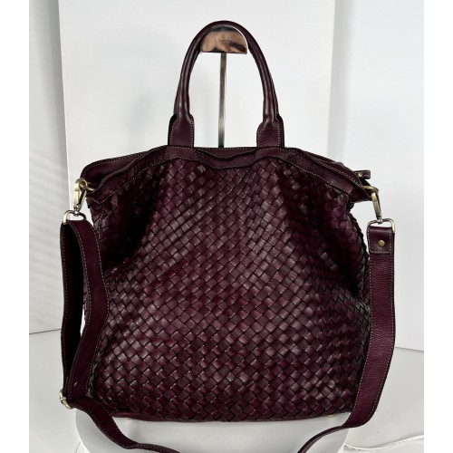 Red Wine Washed Woven Leather Tote crossbody Kaila
