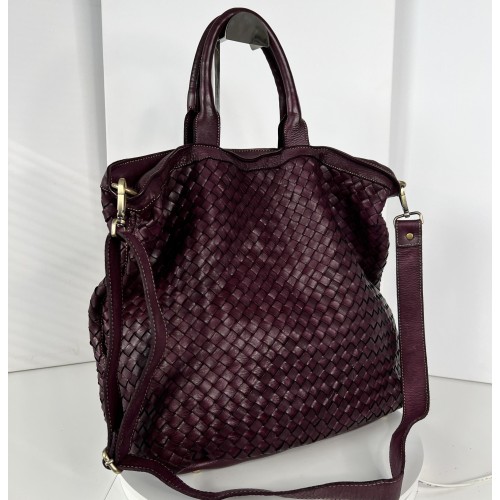 Red Wine Washed Woven Leather Tote crossbody Kaila