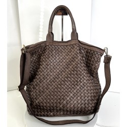 Kaila Taupe Washed Woven Leather Tote Handbag