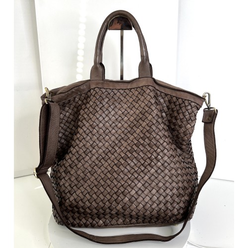 Kaila Taupe Washed Woven Leather Tote Handbag