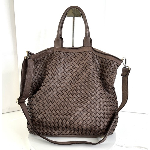 Kaila Taupe Washed Woven Leather Tote Handbag
