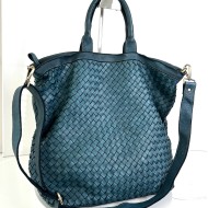 Handcrafted Teal Blue Washed Woven Leather Tote Bag Kaila